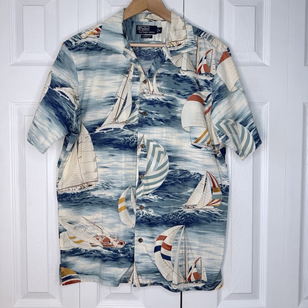 VTG 90s 2000s Polo Ralph Lauren Sail Boat Hawaiian‎ Camp Shirt White Men MINT!